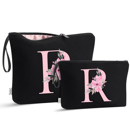 Image of Vavabox A-Z Personalized Makeup Bag, Birthday Gifts for Women Mom, Gifts for Best Friend, Bride Bridesmaid Cosmetic bag (R, 04-Black Set)