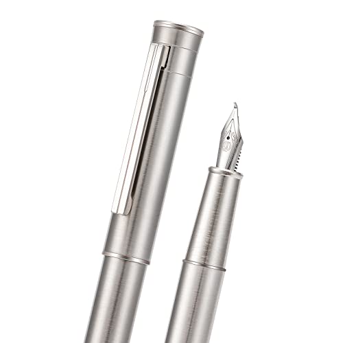 Image of Hongdian 1861 Stainless Steel Fountain Pen Bent Nib, Classic Design Smooth Writing Pen with Converter and Metal Pen Case Set