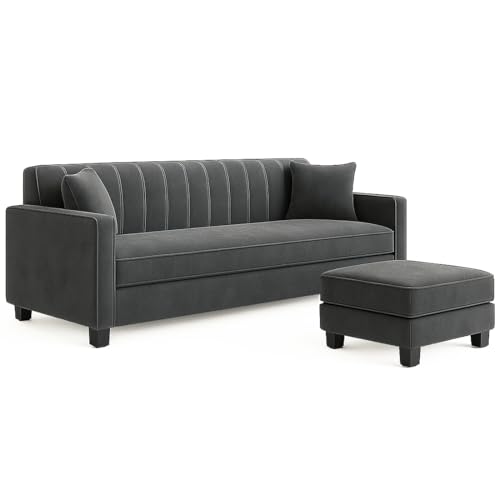 Image of Furny Aveira 3 Seater Fabric Sofa Set with Ottoman (Dark Grey) | Soft Velvet Fabric | Modern Design | Comfortable Seating | Living Room Furniture