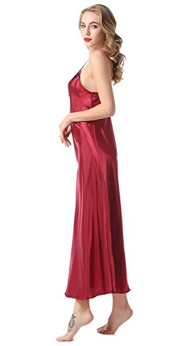 Feoya Womens Long Nightgown Lace Satin Sleepwear Sexy Lingerie Dress Silk Full Slip Cami Nightwear Deep V Sleepshirt Cami Negligee Soft Casual Ankle Long Loungewear Red #TOP2