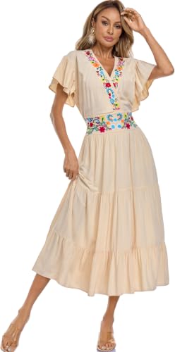 Image of Women's Summer Maxi Dress Casual Floral Embroidered Round Neck Short Sleeve Ruffle Tiered Dress Flowy Boho Beach Sundress