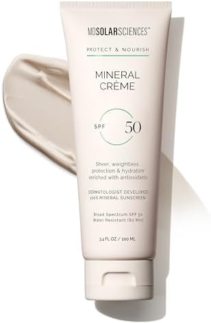 MDSolarSciences Mineral Crème Sunscreen SPF 50 | Water-Resistant, Broad Spectrum UV Protection | Zinc Oxide Formula with Antioxidants | No White Cast, Sheer Matte Finish for All Skin Types (3.4 Fl Oz)