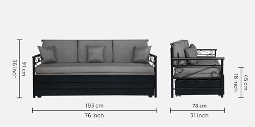Image of 3 Seater Metal Sofa Cum Bed with Hydraulic Storage | Queen Size Sofa Cum Bed | 3 Seater Sofa Set, Metal Sofa Set for, Living Room, Grey, Queen Size(Grey & Black)