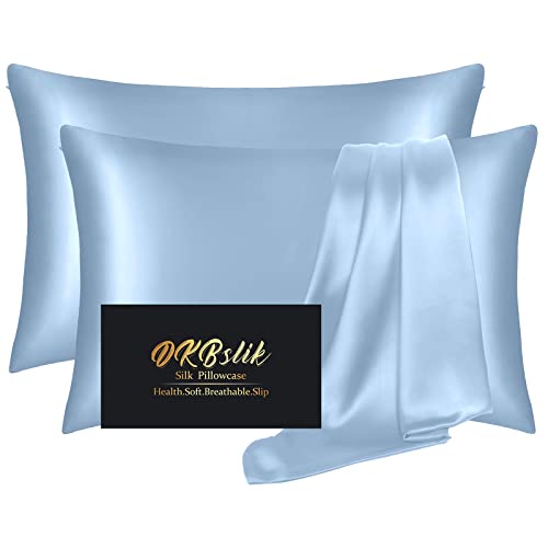 Image of Silk Pillowcase 2 Pack, Mulberry Silk Pillow Cases Queen Size Set of 2, Anti Acne Silk Pillowcase for Hair and Skin, Natural Silk Satin Pillowcases Gifts for Women Men 2 Pack with Zipper, Haze Blue
