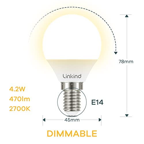 Linkind E14 Dimmable LED Golf Ball Bulb, 4.2W 40W Equivalent, 470lm Warm White 2700K, Small Edison Screw SES - Image 2