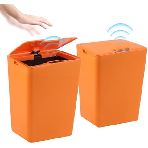 XIAPIA Trash Can with Lid 2 Pack, 4 Gallon Automatic Trash Can Touchless, Bathroom Garbage Can Small, Motion Sensor Smart Trash Can Waste Basket for Bedroom, Office, Living Room, Kitchen (Orange) Cover