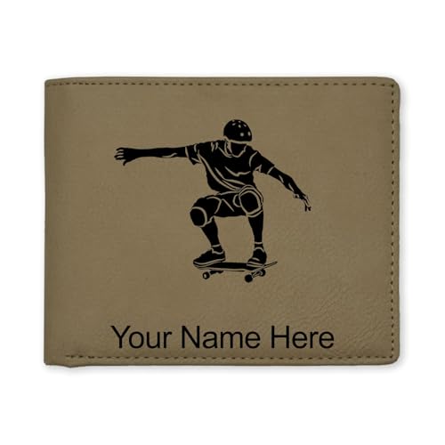 LaserGram Faux Leather Bi-Fold Wallet, Skateboarding, Personalized Engraving Included (Light Brown)