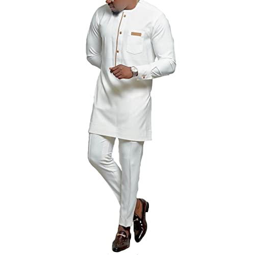 YANKIA Long Sleeve African Men Clothing Dashiki Suit Coats Shirts and Pant 2 Piece Set Top Trousers Slim Fit Outfits (Color : White, Size : 3X-Large)