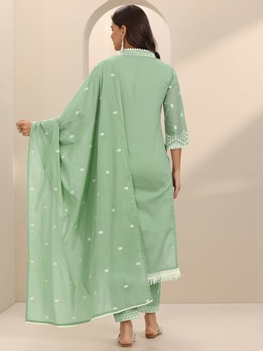 Image of Libas Embroidered Cotton Straight Kurta With Trouser and Dupatta