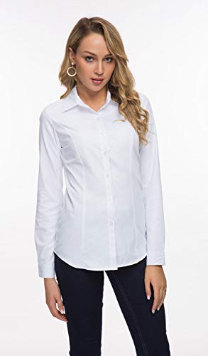 Double Plus Open Women Basic Tailored Collared Button Down Dress Shirt Long Sleeve Blouse White S