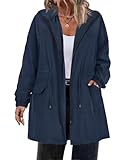 CARCOS Plus Size Women's Raincoat Waterproof Rain Jacket Navy Hooded Trench Coats Travel Lightweight Long Windbreaker with Pockets and Storage Bag 3XL 20W 22W