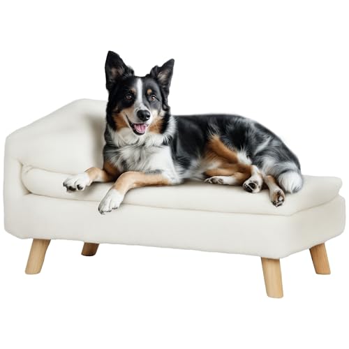 PawHut Canapé pour Chien, lit pour Chien Chat, avec Coussin Moelleux, Oreiller, Housses Amovibles et lavables, en Peluche, 70l x 42,5P x 38,5H cm, crème