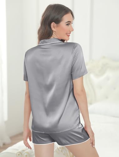 Image of Silk Pajamas for Women Satin Womens PJ Set 2 Piece Short Lounge Set Summer Sleepwear Notch Collar Button-Down Pjs