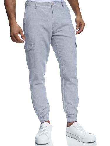 Indicode Herren Booth Cargohose aus Leinen & Baumwolle mit 6 Taschen | Stoffhose für Männer Blue Wave, M