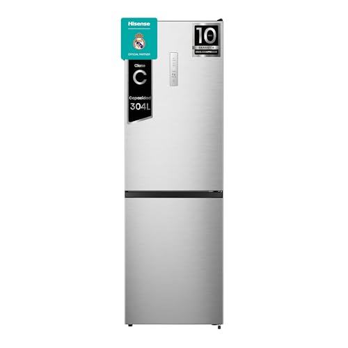 Hisense RB390N4CCD - Frigorífico Combi, Eficiente Clase D, Capacidad 304 L con 186 cm Alto, Cajón Verduras, 4 Estrellas Congelador, Puerta Reversible, Silencioso 39dB, Color Blanco, Inox