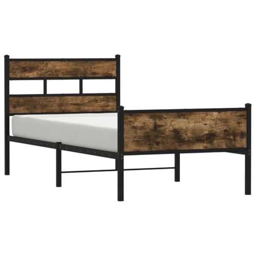 XHNIFBN Estructura de cama de 80 x 200 cm, roble ahumado, acero, madera, con somier, espacio de almacenamiento sin colchón