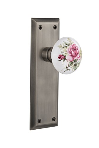 Best Review Nostalgic Warehouse New York Plate with White Rose Porcelain Knob, Passage - 2.375, Antique Pewter