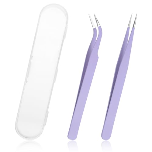 Sticker Tweezers 2 Pcs Stainless Steel Eyelash Tweezers Straight Curved Craft Tweezers for Stickers Jewelry Making Scrapbooking Precision Electronics (Purple)