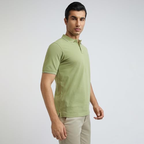 Image of Raymond Men's Modern Fit Solid Pattern Pure Cotton Polo Neck Half Sleeve Casual T-Shirt