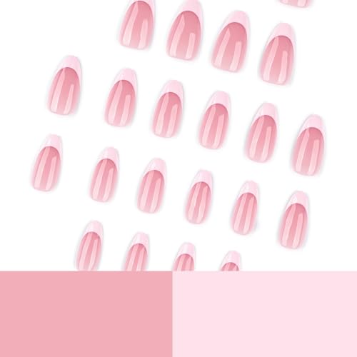 Image of Soft Pink French Tip Press on Nails Medium Almond Fake Nails with Glossy Nude Full Cover Stick on Nail for Women NBNTGH Manicure 24Pcs