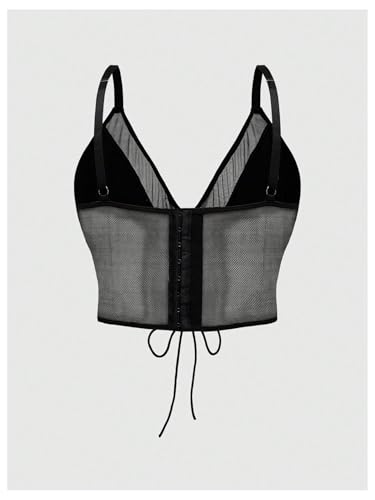 SHENHE Women's Plus Size PU Leather Lace Up Sheer Mesh Corset Bustier Sexy Goth Crop Top Cami2