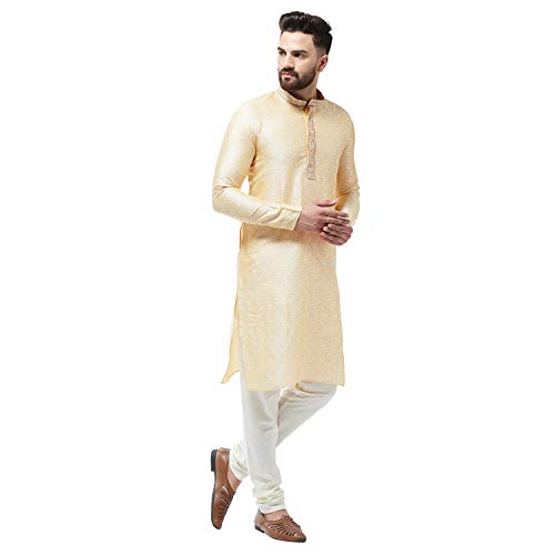 Image of SOJANYA Men's Silk Blend Kurta for Navratri | Paisley Print Regular Fit Ethnic Kurta for Festival & Puja
