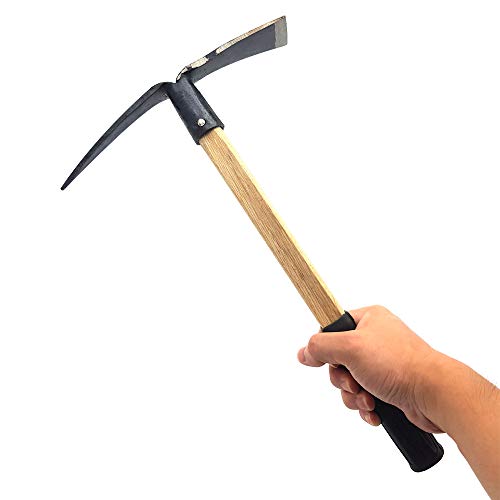 CLAIRLA Hand Mini Garden Hoes Dual Headed Weeding Tool - Carbon Steel Hoe/Tine Cultivator 3 Prongs Combo Garden Tools with Wood Handle (Pick Axes)