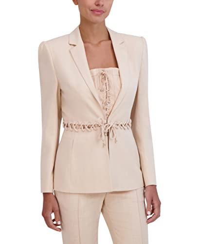BCBGMAXAZRIA Women's V Neck Laced Waist Jacket, Sand, Large