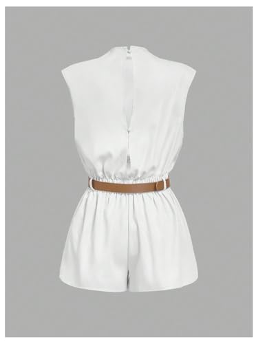 Image of SOLY HUX Women's Summer Ruched Mock Neck Romper Elegant Cap Sleeve Belted Work Short Jumpsuits