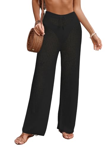 Womens Crochet Knit Elastic Waist Swimsuit Coverup Summer 2025 Striped Beach Bathing Suit Cover Up Pants