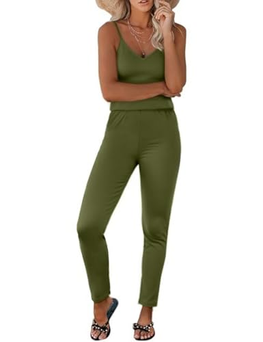 GAMISS Jumpsuits for Women Dressy Casual Spaghetti Strap Romper Sleeveless Overalls Long Pants Onesies Outfits Olive Green M