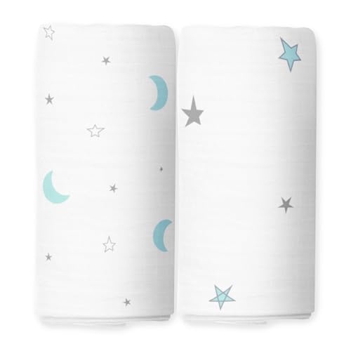 Image of The White Cradle Baby Nursery Swaddle Blanket Wrap 2pcs Pure Organic Cotton Double Layer Muslin Cloth - STERILISED for Your Child's Protection - Super Soft, Absorbent, Large 112x112 cm - Blue & Grey