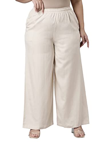 Image of Go Colors Women's Loose Fit Linen Palazzo (LPZ3-LT BEIGE46-3X Light Beige 3XL Light Beige 3Xl)