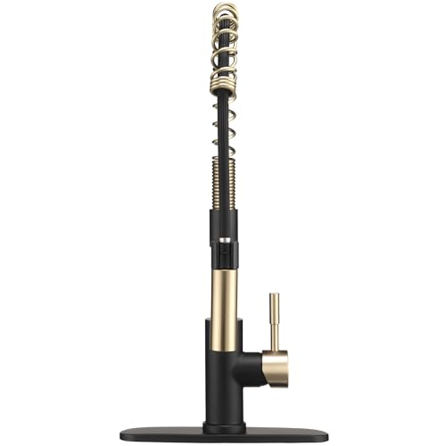Image of Dura Faucet DF-MK504SLK-MB RV Swivel High-Arc Spring Kitchen Sink Faucet - Single Handle - Kitchen Faucet with Pull-Down Sprayer - Optional Deck Plate (Matte Black /Matte Gold)
