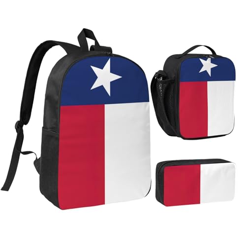 Flag of Texas print Shoulder Bookbags Lunch Bag and Pen Case 17 inches Backpack with Lunch Box, Cute Bookbag Set