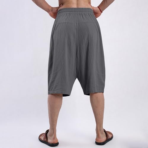 WENKOMG1 Cotton Linen Harem Pants for Men Baggy Style Elastic Waist Drawstring Low Crotch Yoga Pants with Huge Pockets4