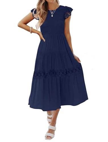 Image of ZESICA Women's Casual Flowy Midi Dress 2026 Boho Flutter Short Sleeve Smocked Lace A Line Beach Vacation Party Dresses