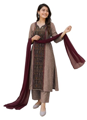 Image of ANNI Designer Women's Rayon Viscose Printed Straight Kurta with Pant and Dupatta | Stylish Ethnic Wear Set for Women | Casual, Festive & Office Wear Kurti Set