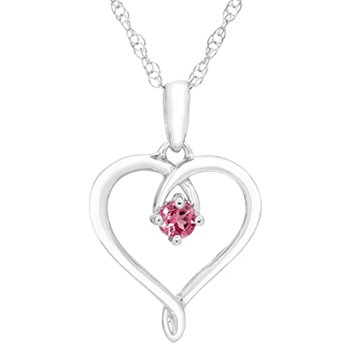 .925 Sterling Silver Natural Pink Tourmaline October Birthstone Heart Pendant Necklace with 18  Chain