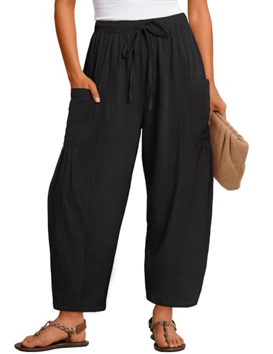 MEROKEETY Womens Linen Wide Leg Pants Summer 2026 Casual Loose Beach Vacation Baggy Palazzo Barrel Pant with Pockets Black Medium