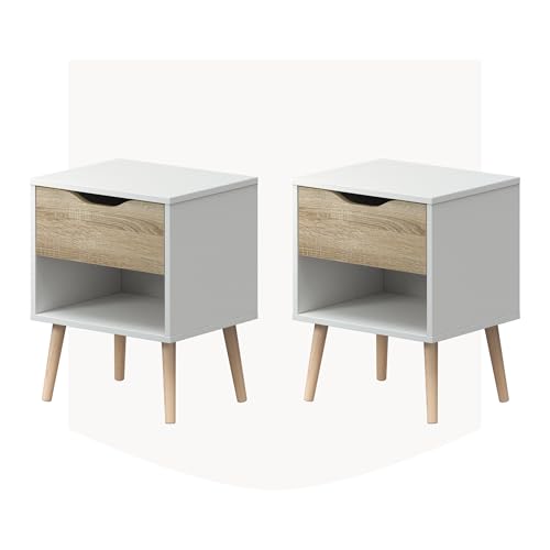 Lourini Mesitas de Noche 2 Pack, Mesillas de Noche de Madera, Estilo Nórdico, 1 Cajón, Mesita Auxiliar Moderna para Dormitorio o Salón (Roble Natura)