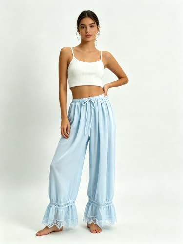 Image of UAURORAO Women Lace Trim Bloomer Pants Flowy Culottes Pantaloons Bloomers