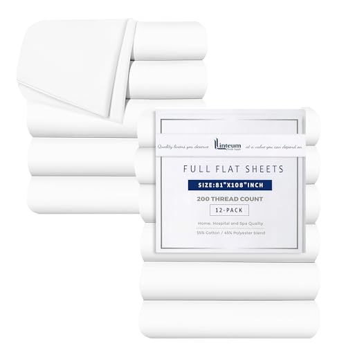 Linteum Textile Percale Flat Bed Sheets - 12 Pack, 81x108 Inches - Full White Soft Cotton Blended Top Sheet 200 Thread Count, Shrinkage & Fade Resistant - Ideal for Hotel, Motel & Rental Properties