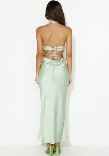 Image of Women Summer Satin Halter Neck Backless Formal Wedding Guest Maxi Dress