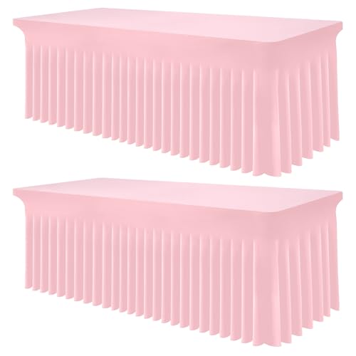 Image of Smiry 2 Pack Spandex Elastic Fitted Table Cloth Skirt for 8FT Table | Stretch Washable Table Cloth, Banquet Table Cover for Wedding, Party, Indoor & Trade Shows, (Pink, 96Lx30Wx30H)