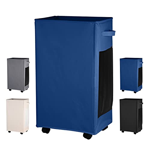 IHOMAGIC Thin Laundry Baskets with Wheels, Minimalist Foldable Laundry Hamper With Two Side Mesh Bags, 84L Large Corner Storage Bins With Handles For Storing Clothes, Toys in Bedroom (Navy Blue)