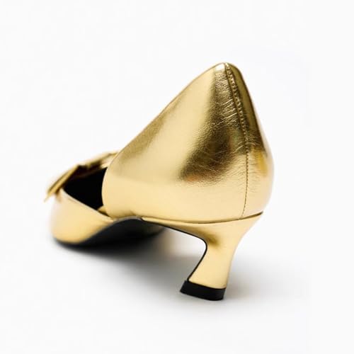 KysBloes Women Pointed Toe Kitten Heels Pumps Low Heel Bow Shoes,Metallic Gold Pumps4