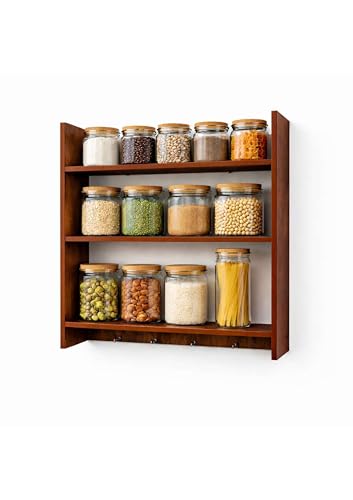 Image of Collection Premium MDF Wood 3-Tier Spice Rack & Multipurpose Wall Shelf | Kitchen Storage Organizer for Spice Jars, Bathroom, Living Room & Bedroom | Durable Wall-Mounted Wooden Rack