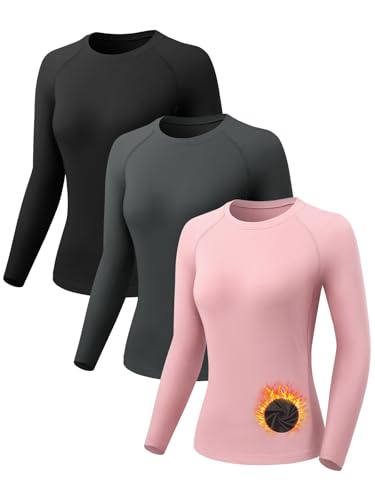 ATTIQOZI 3 Pack Thermounterwäsche Damen Warm Skiunterwäsche Oberteile Damen Innenfleece funktionsunterwäsche Weich Frauen Ski Unterwäsche Kompressions Laufoberteil Schwarz/Dunkelgrau/Rosa S