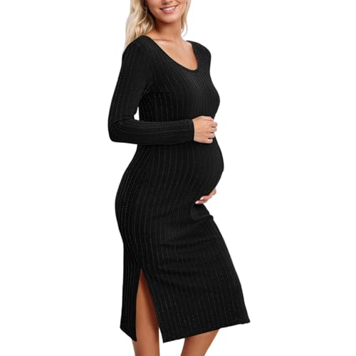 Genérico Vestido de maternidad de manga larga, holgado, de punto acanalado y con abertura lateral para mayor comodidad y estilo durante el embarazo en otoño e invierno. (Black, L)